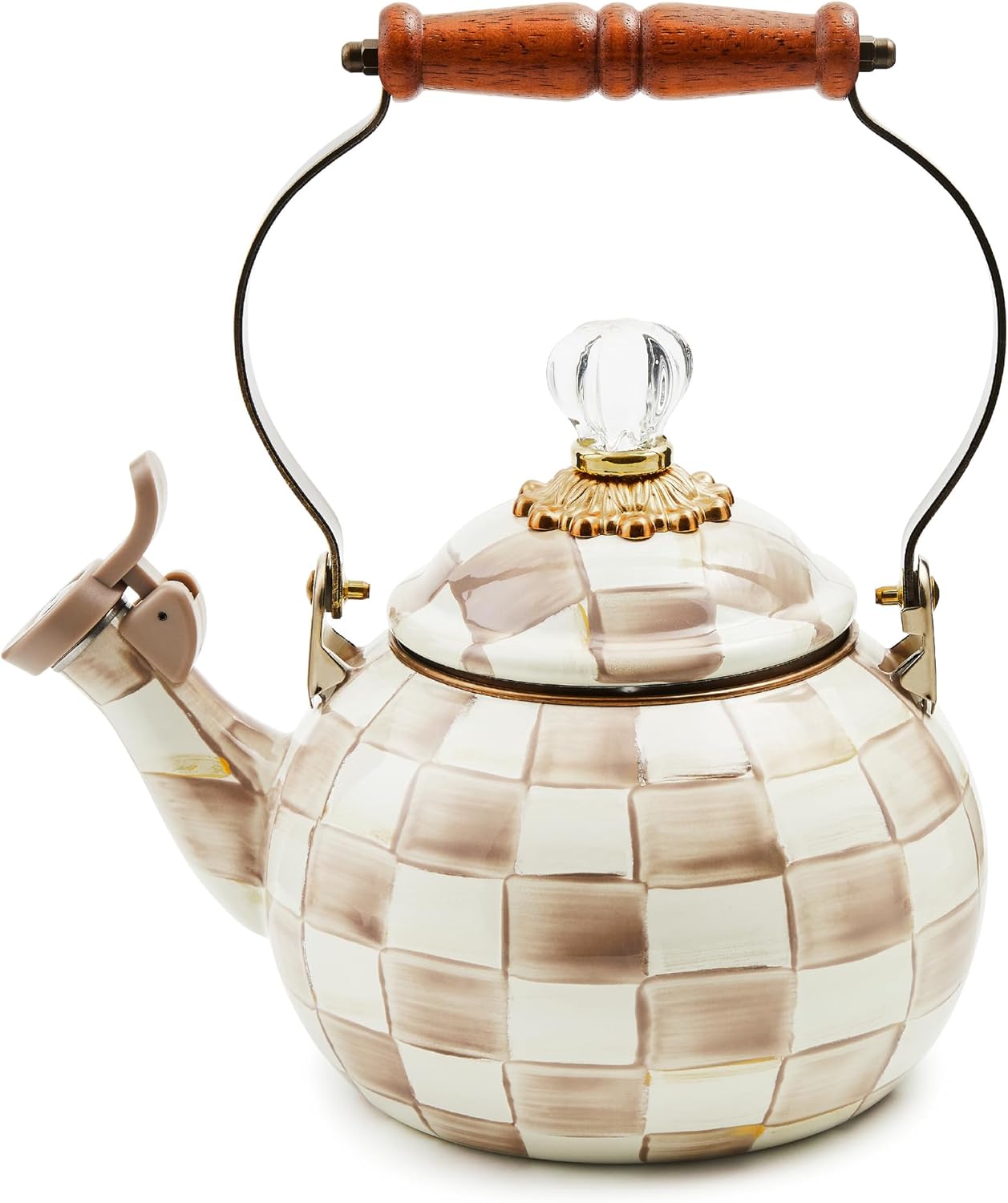 MACKENZIE-CHILDS Enamel Whistling Tea Kettle, Decorative Teapot, Pink-and-White Rosy Check