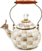MACKENZIE-CHILDS Enamel Whistling Tea Kettle, Decorative Teapot, Pink-and-White Rosy Check