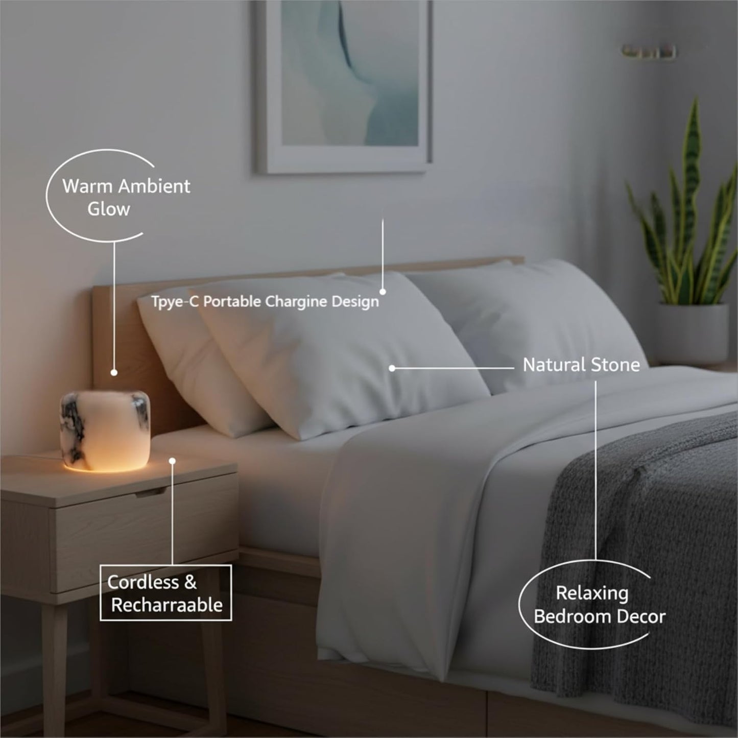 Marble Lamp Night Light Touch Bedside Table Lamp for Bedroom,Type-C Rechargeable Small Desk Bedside Small Lamps,Eye Caring Dimmable LED Ambient lamp (Mid Century Modern)