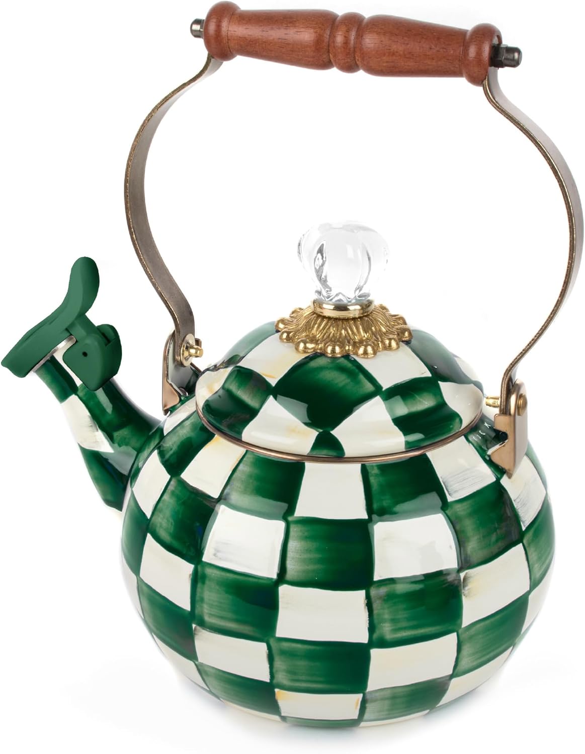 MACKENZIE-CHILDS Enamel Whistling Tea Kettle, Decorative Teapot, Pink-and-White Rosy Check