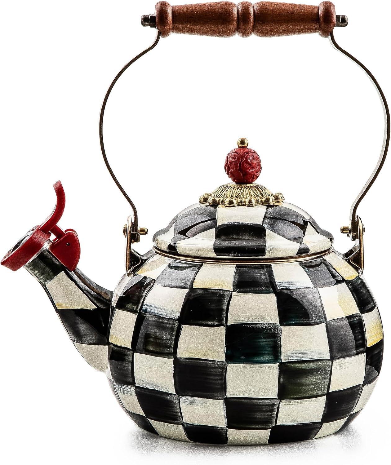 MACKENZIE-CHILDS Enamel Whistling Tea Kettle, Decorative Teapot, Pink-and-White Rosy Check